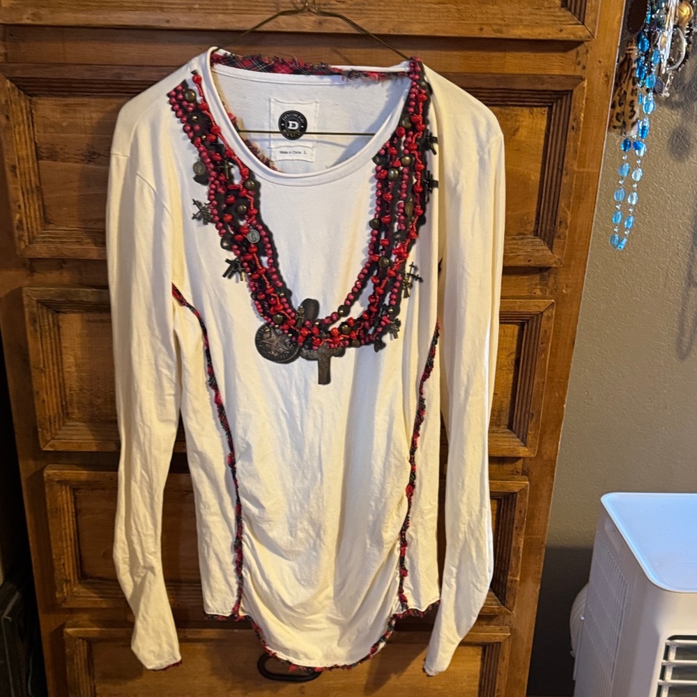 Double D Ranch Cream and Red Embellished Blouse